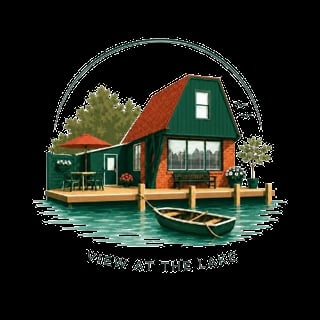 A charming cabin by the lake with a green roof, red brick exterior, wooden dock, and a rowboat, with text reading VIEW AT THE LAKE