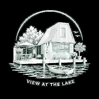 Pen and ink illustration of a lakehouse with boat, surrounded by trees and text reading VIEW AT THE LAKE