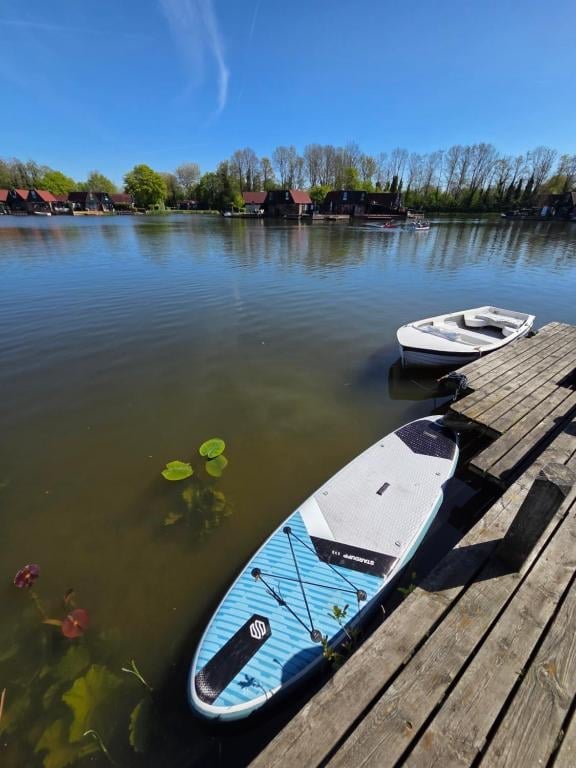 Paddleboards and rowboats moored at a wooden dock on a calm river with trees and waterfront buildings in the background